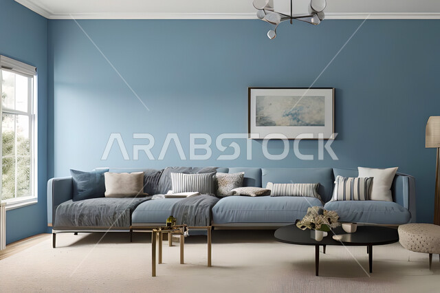غرفة معيشة بتصاميم عصرية وجذابة، ديكورات رائعة، أثاث منزلي راقي، تصاميم عصرية فاخرة، شقق سكنية راقية، شقق سكنية سياحية، جدران باللون الازرق