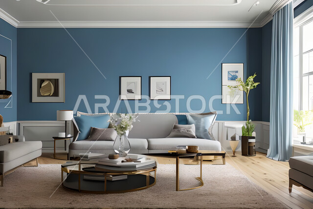غرفة معيشة بتصاميم عصرية وجذابة، ديكورات رائعة، أثاث منزلي راقي، تصاميم عصرية فاخرة، شقق سكنية راقية، شقق سكنية سياحية، جدران باللون الازرق
