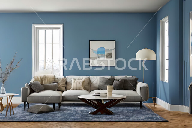 Living room with modern and attractive designs, exquisite decorations, elegant home furniture, luxurious modern designs, elegant residential apartments, tourist apartments, blue walls
