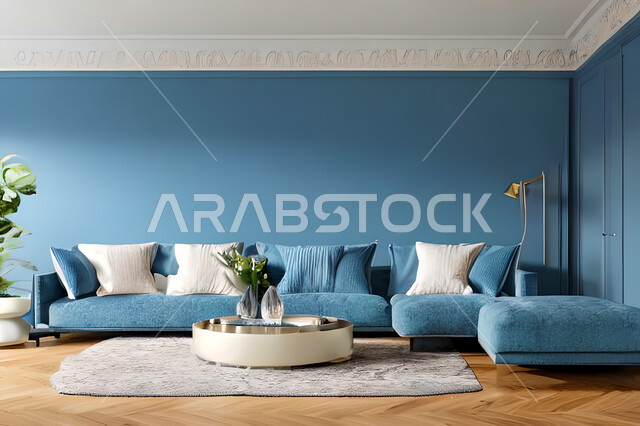 Living room with modern and attractive designs, exquisite decorations, elegant home furniture, luxurious modern designs, elegant residential apartments, tourist apartments, blue walls