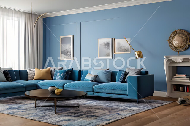 غرفة معيشة بتصاميم عصرية وجذابة، ديكورات رائعة، أثاث منزلي راقي، تصاميم عصرية فاخرة، شقق سكنية راقية، شقق سكنية سياحية، جدران باللون الازرق