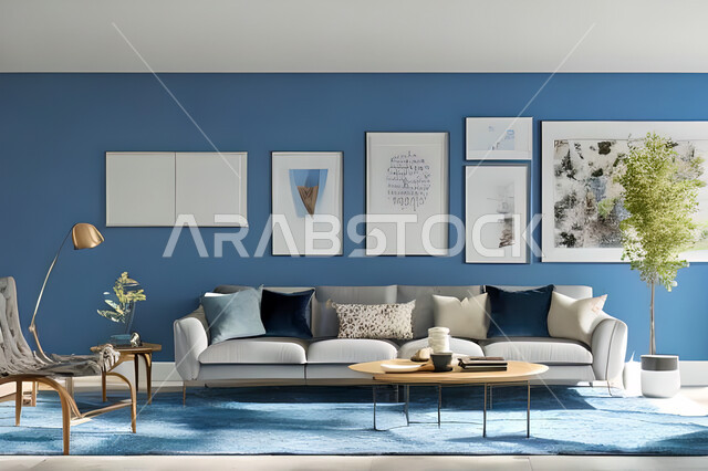 غرفة معيشة بتصاميم عصرية وجذابة، ديكورات رائعة، أثاث منزلي راقي، تصاميم عصرية فاخرة، شقق سكنية راقية، شقق سكنية سياحية، جدران باللون الازرق