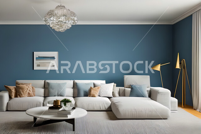 غرفة معيشة بتصاميم عصرية وجذابة، ديكورات رائعة، أثاث منزلي راقي، تصاميم عصرية فاخرة، شقق سكنية راقية، شقق سكنية سياحية، جدران باللون الازرق