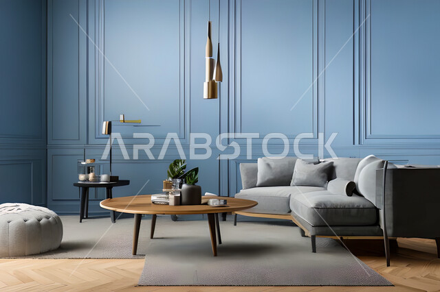 غرفة معيشة بتصاميم عصرية وجذابة، ديكورات رائعة، أثاث منزلي راقي، تصاميم عصرية فاخرة، شقق سكنية راقية، شقق سكنية سياحية، جدران باللون الازرق