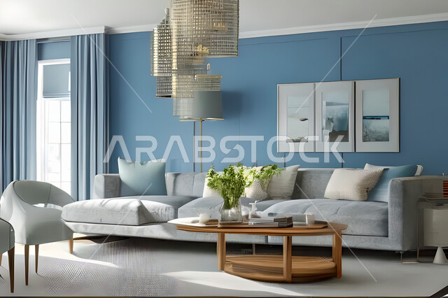 غرفة معيشة بتصاميم عصرية وجذابة، ديكورات رائعة، أثاث منزلي راقي، تصاميم عصرية فاخرة، شقق سكنية راقية، شقق سكنية سياحية، جدران باللون الازرق