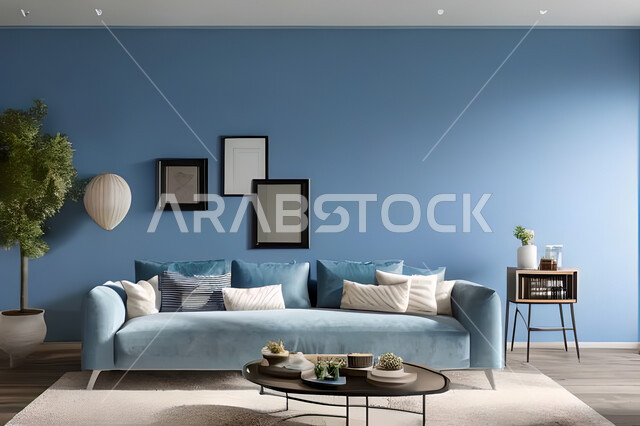 Living room with modern and attractive designs, exquisite decorations, elegant home furniture, luxurious modern designs, elegant residential apartments, tourist apartments, blue walls