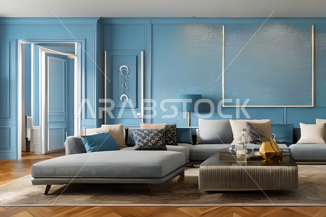 غرفة معيشة بتصاميم عصرية وجذابة، ديكورات رائعة، أثاث منزلي راقي، تصاميم عصرية فاخرة، شقق سكنية راقية، شقق سكنية سياحية، جدران باللون الازرق