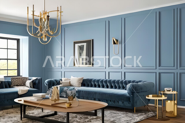 غرفة معيشة بتصاميم عصرية وجذابة، ديكورات رائعة، أثاث منزلي راقي، تصاميم عصرية فاخرة، شقق سكنية راقية، شقق سكنية سياحية، جدران باللون الازرق
