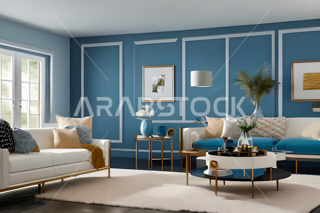 غرفة معيشة بتصاميم عصرية وجذابة، ديكورات رائعة، أثاث منزلي راقي، تصاميم عصرية فاخرة، شقق سكنية راقية، شقق سكنية سياحية، جدران باللون الازرق