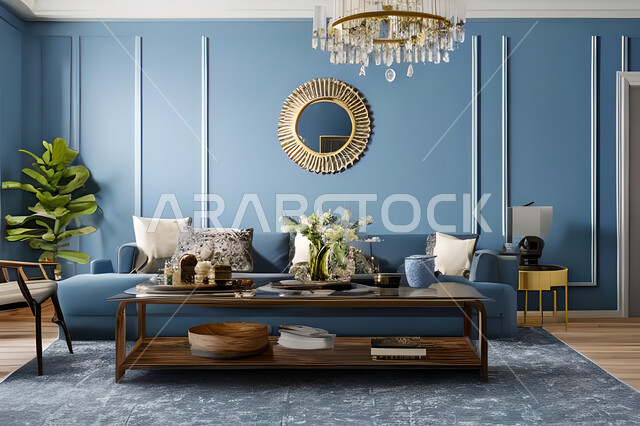 غرفة معيشة بتصاميم عصرية وجذابة، ديكورات رائعة، أثاث منزلي راقي، تصاميم عصرية فاخرة، شقق سكنية راقية، شقق سكنية سياحية، جدران باللون الازرق