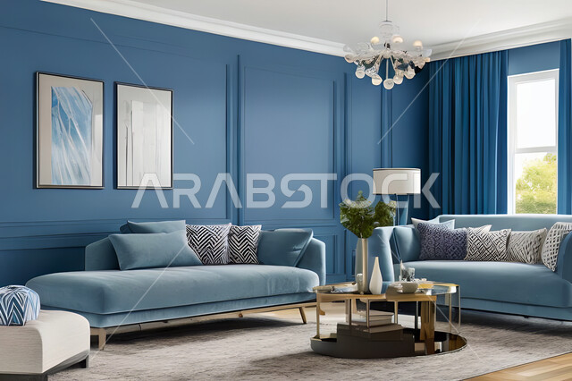 غرفة معيشة بتصاميم عصرية وجذابة، ديكورات رائعة، أثاث منزلي راقي، تصاميم عصرية فاخرة، شقق سكنية راقية، شقق سكنية سياحية، جدران باللون الازرق