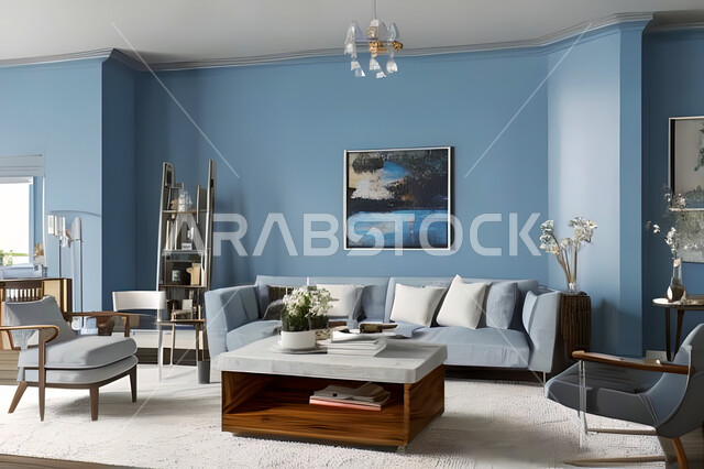 غرفة معيشة بتصاميم عصرية وجذابة، ديكورات رائعة، أثاث منزلي راقي، تصاميم عصرية فاخرة، شقق سكنية راقية، شقق سكنية سياحية، جدران باللون الازرق