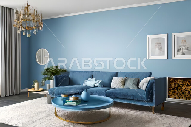 غرفة معيشة بتصاميم عصرية وجذابة، ديكورات رائعة، أثاث منزلي راقي، تصاميم عصرية فاخرة، شقق سكنية راقية، شقق سكنية سياحية، جدران باللون الازرق