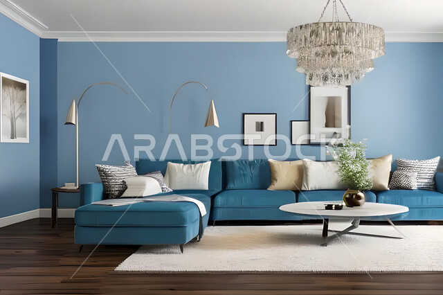 غرفة معيشة بتصاميم عصرية وجذابة، ديكورات رائعة، أثاث منزلي راقي، تصاميم عصرية فاخرة، شقق سكنية راقية، شقق سكنية سياحية، جدران باللون الازرق