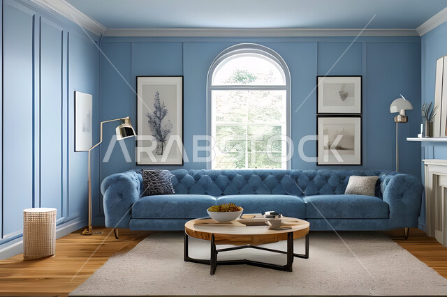 غرفة معيشة بتصاميم عصرية وجذابة، ديكورات رائعة، أثاث منزلي راقي، تصاميم عصرية فاخرة، شقق سكنية راقية، شقق سكنية سياحية، جدران باللون الازرق