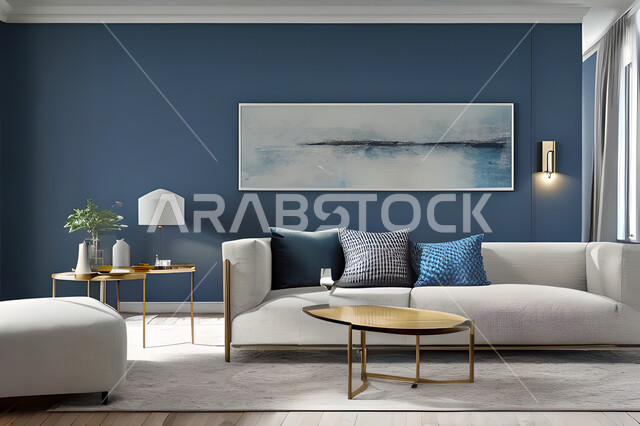 غرفة معيشة بتصاميم عصرية وجذابة، ديكورات رائعة، أثاث منزلي راقي، تصاميم عصرية فاخرة، شقق سكنية راقية، شقق سكنية سياحية، جدران باللون الازرق