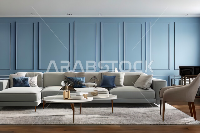 غرفة معيشة بتصاميم عصرية وجذابة، ديكورات رائعة، أثاث منزلي راقي، تصاميم عصرية فاخرة، شقق سكنية راقية، شقق سكنية سياحية، جدران باللون الازرق