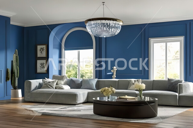 غرفة معيشة بتصاميم عصرية وجذابة، ديكورات رائعة، أثاث منزلي راقي، تصاميم عصرية فاخرة، شقق سكنية راقية، شقق سكنية سياحية، جدران باللون الازرق