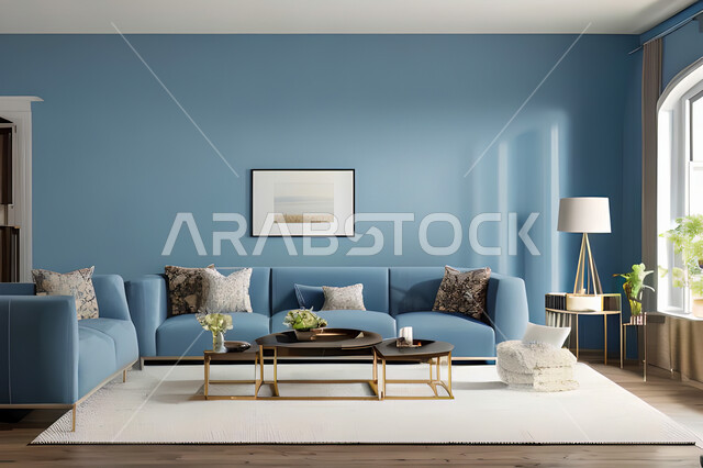 غرفة معيشة بتصاميم عصرية وجذابة، ديكورات رائعة، أثاث منزلي راقي، تصاميم عصرية فاخرة، شقق سكنية راقية، شقق سكنية سياحية، جدران باللون الازرق
