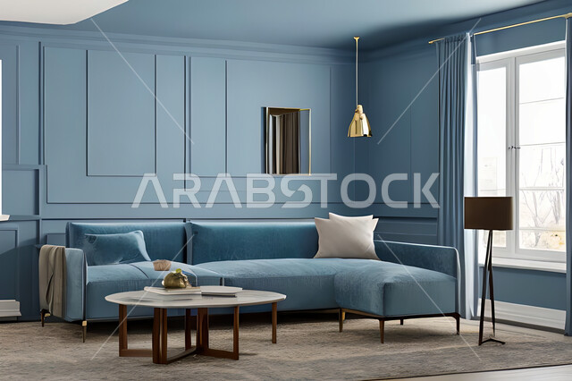Living room with modern and attractive designs, exquisite decorations, elegant home furniture, luxurious modern designs, elegant residential apartments, tourist apartments, blue walls