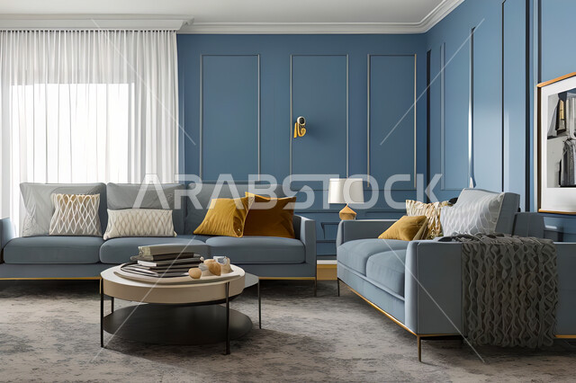 غرفة معيشة بتصاميم عصرية وجذابة، ديكورات رائعة، أثاث منزلي راقي، تصاميم عصرية فاخرة، شقق سكنية راقية، شقق سكنية سياحية، جدران باللون الازرق