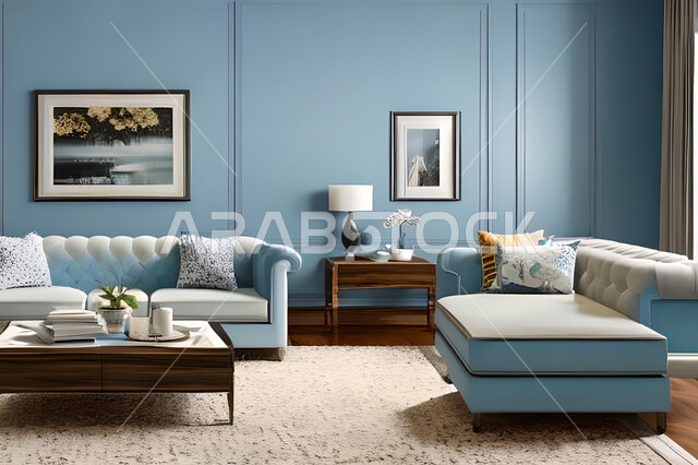 غرفة معيشة بتصاميم عصرية وجذابة، ديكورات رائعة، أثاث منزلي راقي، تصاميم عصرية فاخرة، شقق سكنية راقية، شقق سكنية سياحية، جدران باللون الازرق