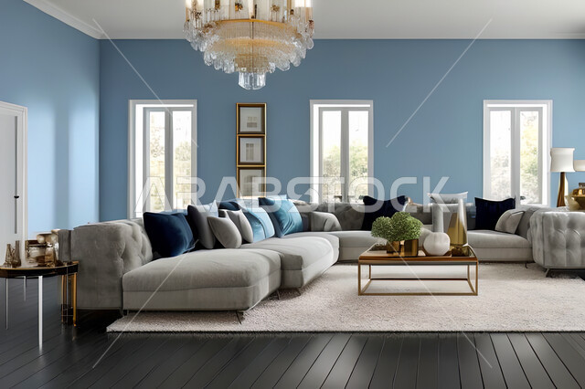 غرفة معيشة بتصاميم عصرية وجذابة، ديكورات رائعة، أثاث منزلي راقي، تصاميم عصرية فاخرة، شقق سكنية راقية، شقق سكنية سياحية، جدران باللون الازرق