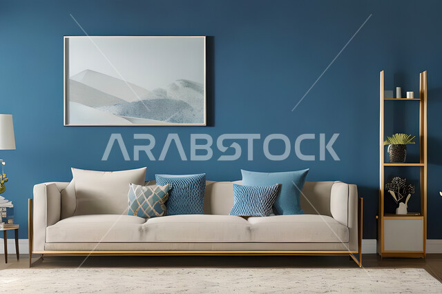 غرفة معيشة بتصاميم عصرية وجذابة، ديكورات رائعة، أثاث منزلي راقي، تصاميم عصرية فاخرة، شقق سكنية راقية، شقق سكنية سياحية، جدران باللون الازرق