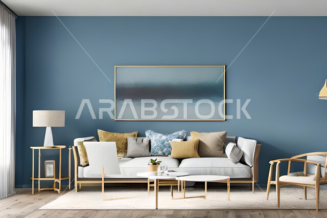 Living room with modern and attractive designs, exquisite decorations, elegant home furniture, luxurious modern designs, elegant residential apartments, tourist apartments, blue walls