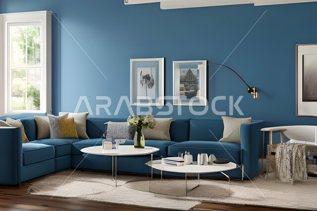 Living room with modern and attractive designs, exquisite decorations, elegant home furniture, luxurious modern designs, elegant residential apartments, tourist apartments, blue walls