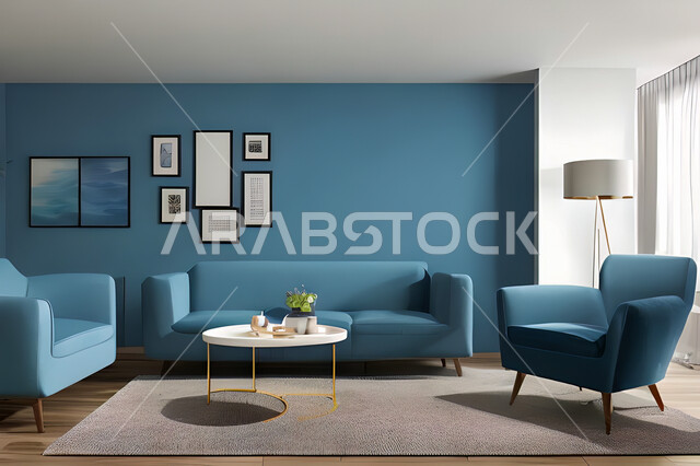 غرفة معيشة بتصاميم عصرية وجذابة، ديكورات رائعة، أثاث منزلي راقي، تصاميم عصرية فاخرة، شقق سكنية راقية، شقق سكنية سياحية، جدران باللون الازرق