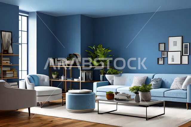 Living room with modern and attractive designs, exquisite decorations, elegant home furniture, luxurious modern designs, elegant residential apartments, tourist apartments, blue walls