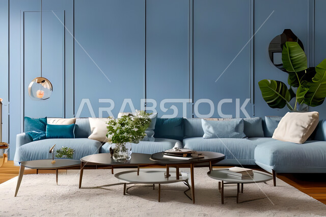 غرفة معيشة بتصاميم عصرية وجذابة، ديكورات رائعة، أثاث منزلي راقي، تصاميم عصرية فاخرة، شقق سكنية راقية، شقق سكنية سياحية، جدران باللون الازرق