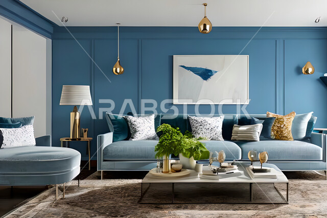غرفة معيشة بتصاميم عصرية وجذابة، ديكورات رائعة، أثاث منزلي راقي، تصاميم عصرية فاخرة، شقق سكنية راقية، شقق سكنية سياحية، جدران باللون الازرق
