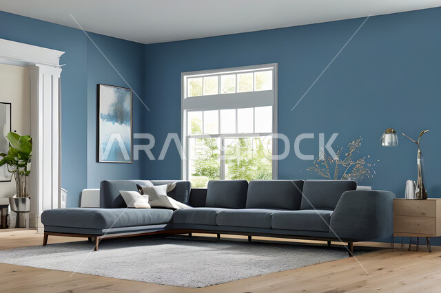 غرفة معيشة بتصاميم عصرية وجذابة، ديكورات رائعة، أثاث منزلي راقي، تصاميم عصرية فاخرة، شقق سكنية راقية، شقق سكنية سياحية، جدران باللون الازرق