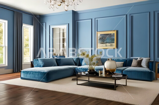 Living room with modern and attractive designs, exquisite decorations, elegant home furniture, luxurious modern designs, elegant residential apartments, tourist apartments, blue walls