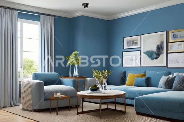 غرفة معيشة بتصاميم عصرية وجذابة، ديكورات رائعة، أثاث منزلي راقي، تصاميم عصرية فاخرة، شقق سكنية راقية، شقق سكنية سياحية، جدران باللون الازرق