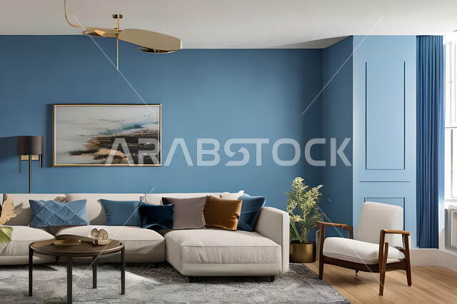Living room with modern and attractive designs, exquisite decorations, elegant home furniture, luxurious modern designs, elegant residential apartments, tourist apartments, blue walls