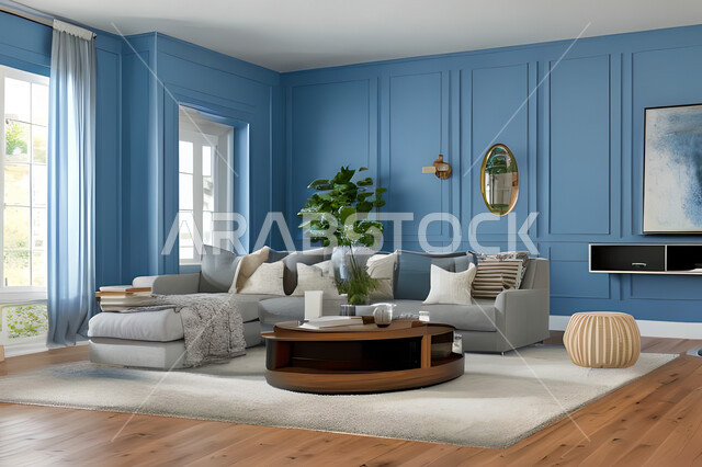 Living room with modern and attractive designs, exquisite decorations, elegant home furniture, luxurious modern designs, elegant residential apartments, tourist apartments, blue walls