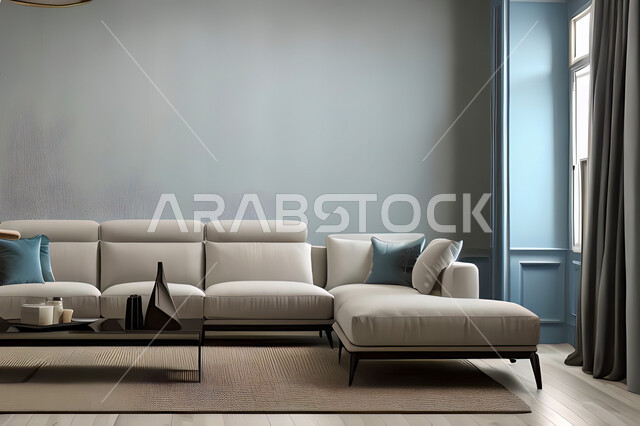 Living room with modern and attractive designs, exquisite decorations, elegant home furniture, luxurious modern designs, elegant residential apartments, tourist apartments, blue walls