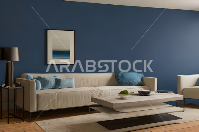 غرفة معيشة بتصاميم عصرية وجذابة، ديكورات رائعة، أثاث منزلي راقي، تصاميم عصرية فاخرة، شقق سكنية راقية، شقق سكنية سياحية، جدران باللون الازرق