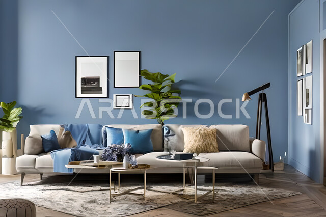 غرفة معيشة بتصاميم عصرية وجذابة، ديكورات رائعة، أثاث منزلي راقي، تصاميم عصرية فاخرة، شقق سكنية راقية، شقق سكنية سياحية، جدران باللون الازرق