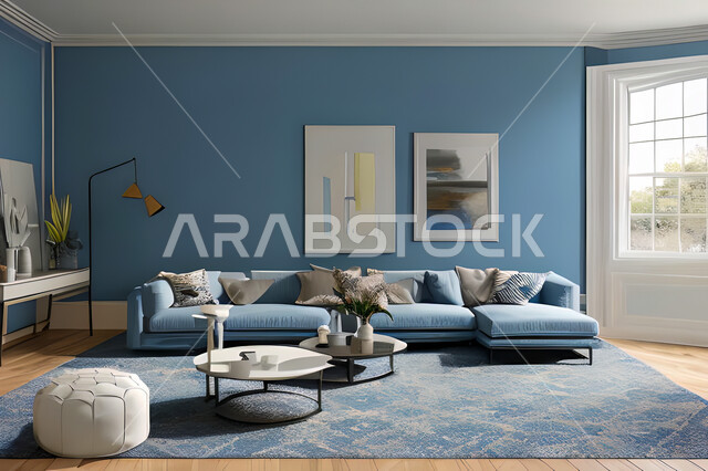 Living room with modern and attractive designs, exquisite decorations, elegant home furniture, luxurious modern designs, elegant residential apartments, tourist apartments, blue walls