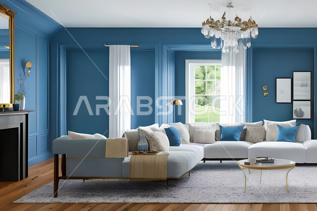 Living room with modern and attractive designs, exquisite decorations, elegant home furniture, luxurious modern designs, elegant residential apartments, tourist apartments, blue walls