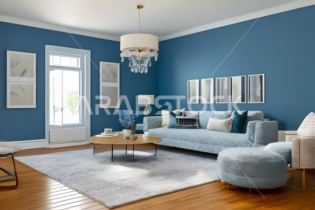 غرفة معيشة بتصاميم عصرية وجذابة، ديكورات رائعة، أثاث منزلي راقي، تصاميم عصرية فاخرة، شقق سكنية راقية، شقق سكنية سياحية، جدران باللون الازرق