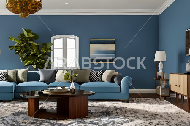 Living room with modern and attractive designs, exquisite decorations, elegant home furniture, luxurious modern designs, elegant residential apartments, tourist apartments, blue walls