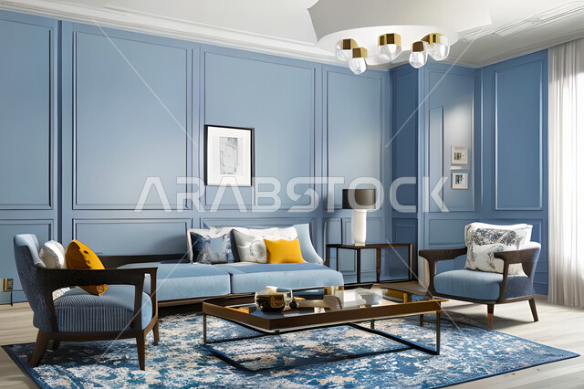 غرفة معيشة بتصاميم عصرية وجذابة، ديكورات رائعة، أثاث منزلي راقي، تصاميم عصرية فاخرة، شقق سكنية راقية، شقق سكنية سياحية، جدران باللون الازرق
