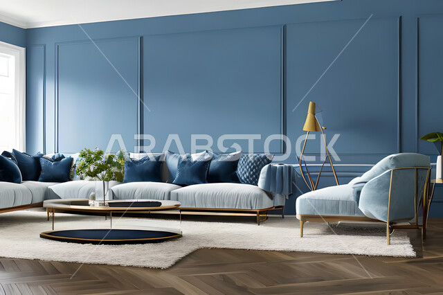 Living room with modern and attractive designs, exquisite decorations, elegant home furniture, luxurious modern designs, elegant residential apartments, tourist apartments, blue walls