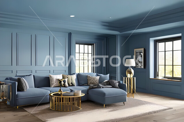 غرفة معيشة بتصاميم عصرية وجذابة، ديكورات رائعة، أثاث منزلي راقي، تصاميم عصرية فاخرة، شقق سكنية راقية، شقق سكنية سياحية، جدران باللون الازرق