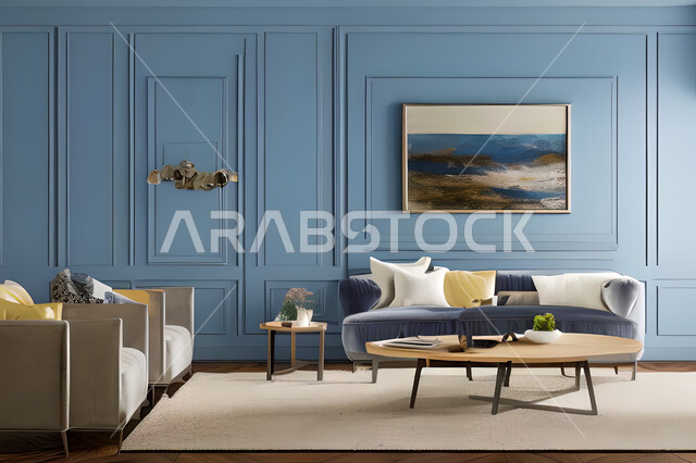 Living room with modern and attractive designs, exquisite decorations, elegant home furniture, luxurious modern designs, elegant residential apartments, tourist apartments, blue walls